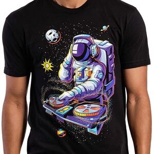 INTO THE AM Men’s Astronaut DJ Graphic Tee, Fitted Black Printed T-Shirt, Large